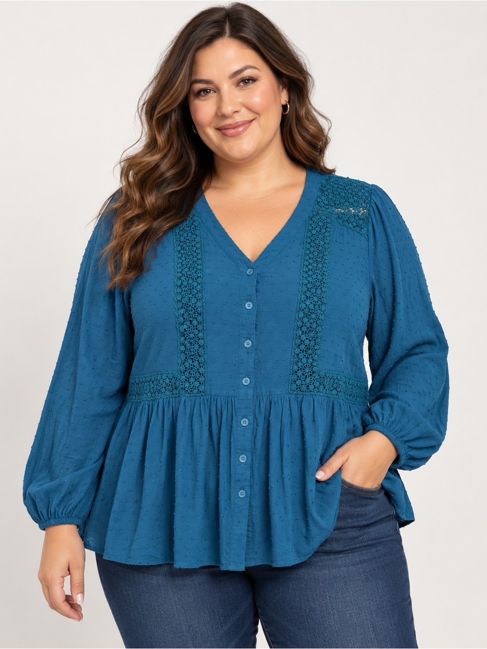 Lane Bryant Teal Lace-Trim Button-Front Blouse